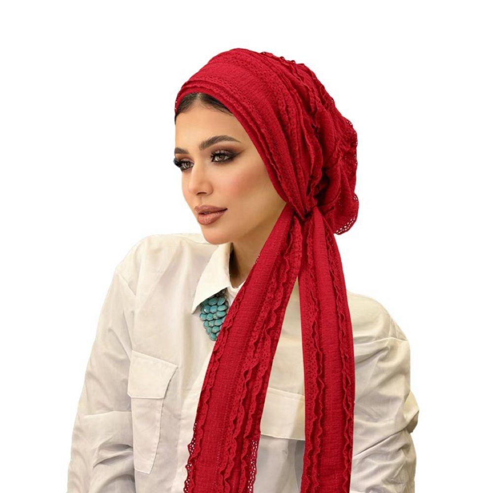

Polyester Women Turban Hats Soft Stretch Wrinkle Headscarf Solid Color Crinkle Hijabs Daily Wear червоний