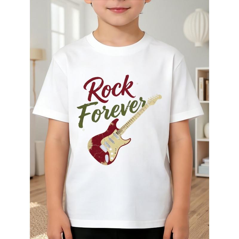 Forever Rock Guitar Print T-Shirt Retro Music Style Short-Sleeved Top 110 белый