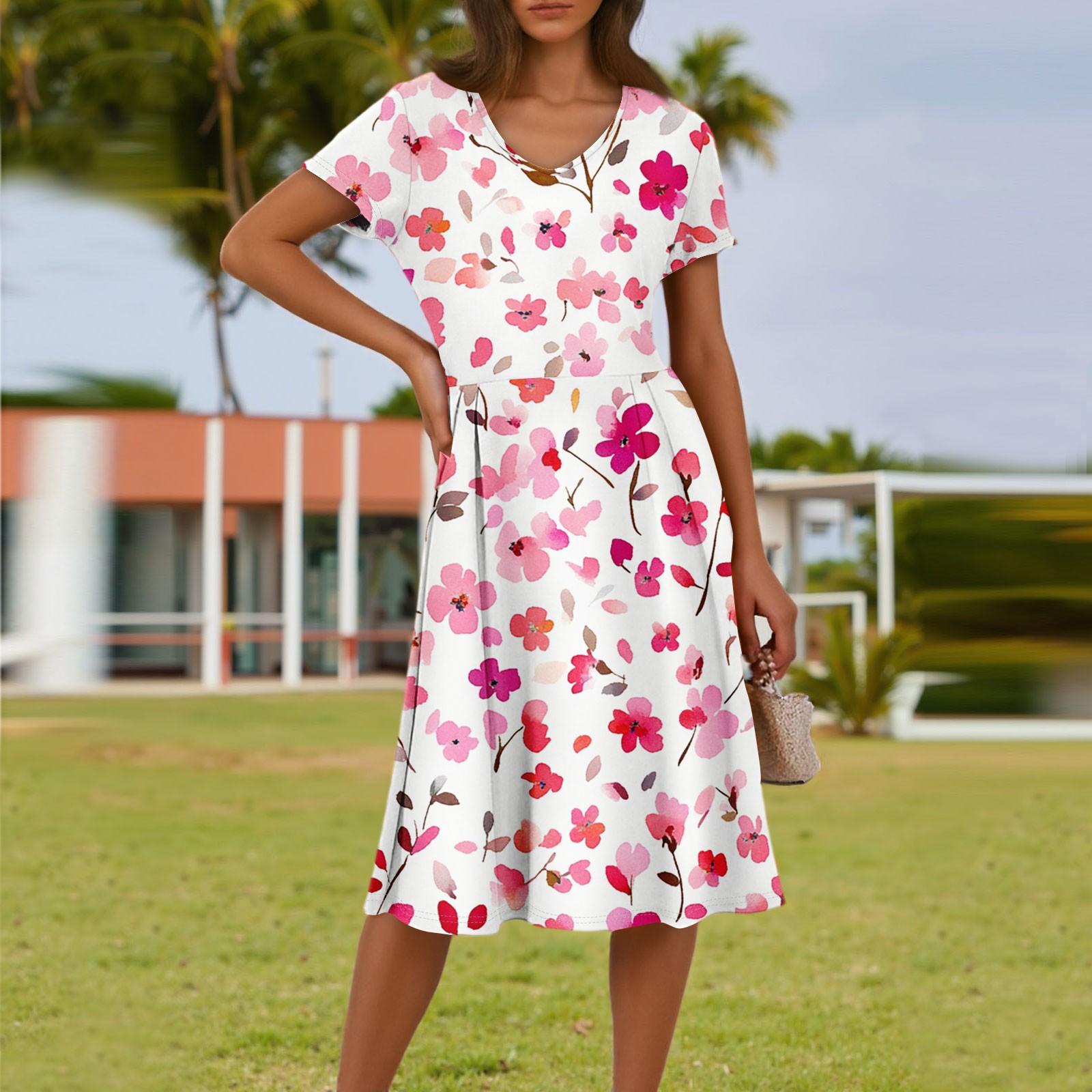 

Женское летнее модное повседневное платье с цветочным принтом, V-образным вырезом, короткими рукавами и карманом M