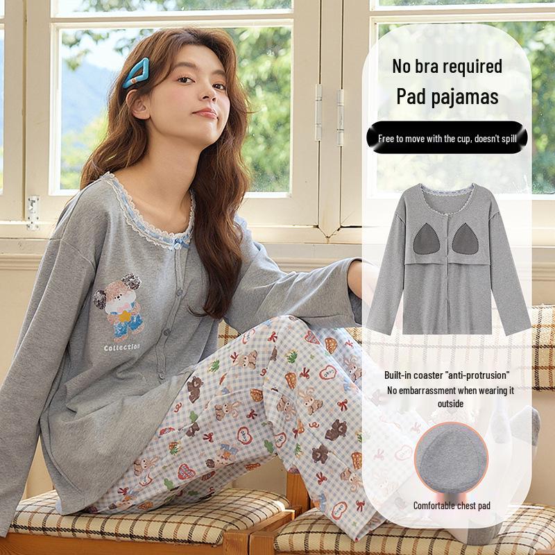 

Женский пижамный комплект с длинными рукавами на 2025 год с нагрудными вкладышами для весны и осени - можно носить на улице Double Extra Large