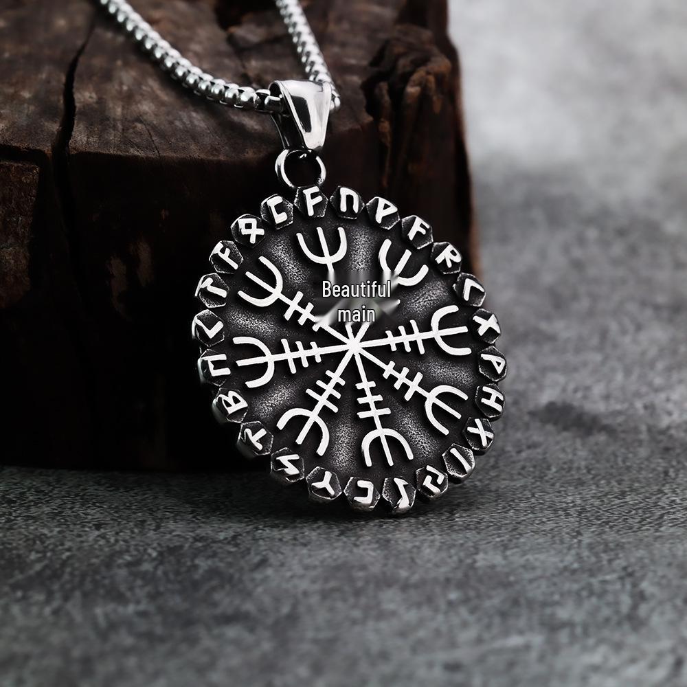 Edelstahl Wikinger Runen Kompass Anhänger Halskette - Stahl & Gold Finish, Beidseitiges Design