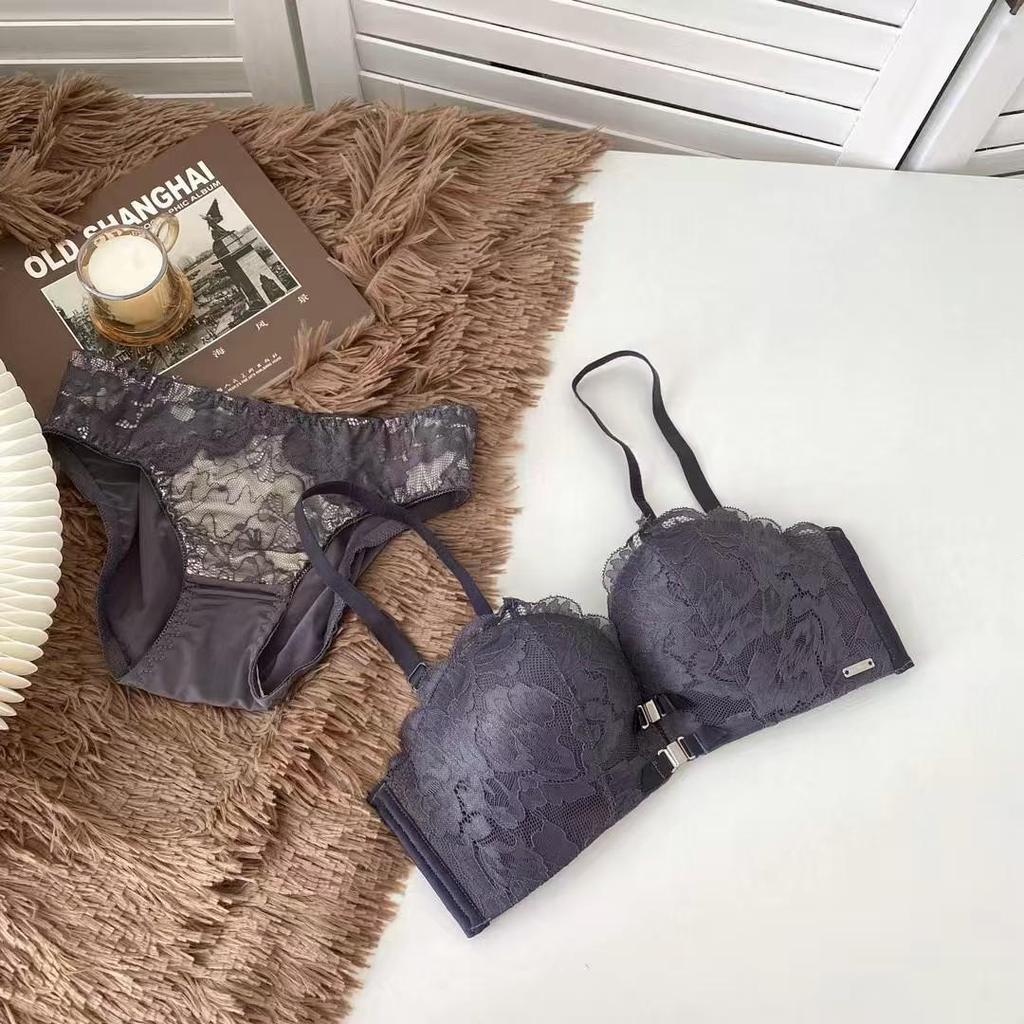 Women's Push-Up Lace Bra - Double Front Closure, Wireless, Adjustable, Side Support, Beautiful Back Design