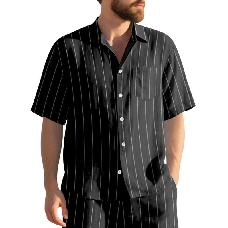 Linen Jacquard Shirt with Vertical Stripes Men's Collared Button-Down Loose-Fitting, Breathable Casual Short-Sleeved Shirt