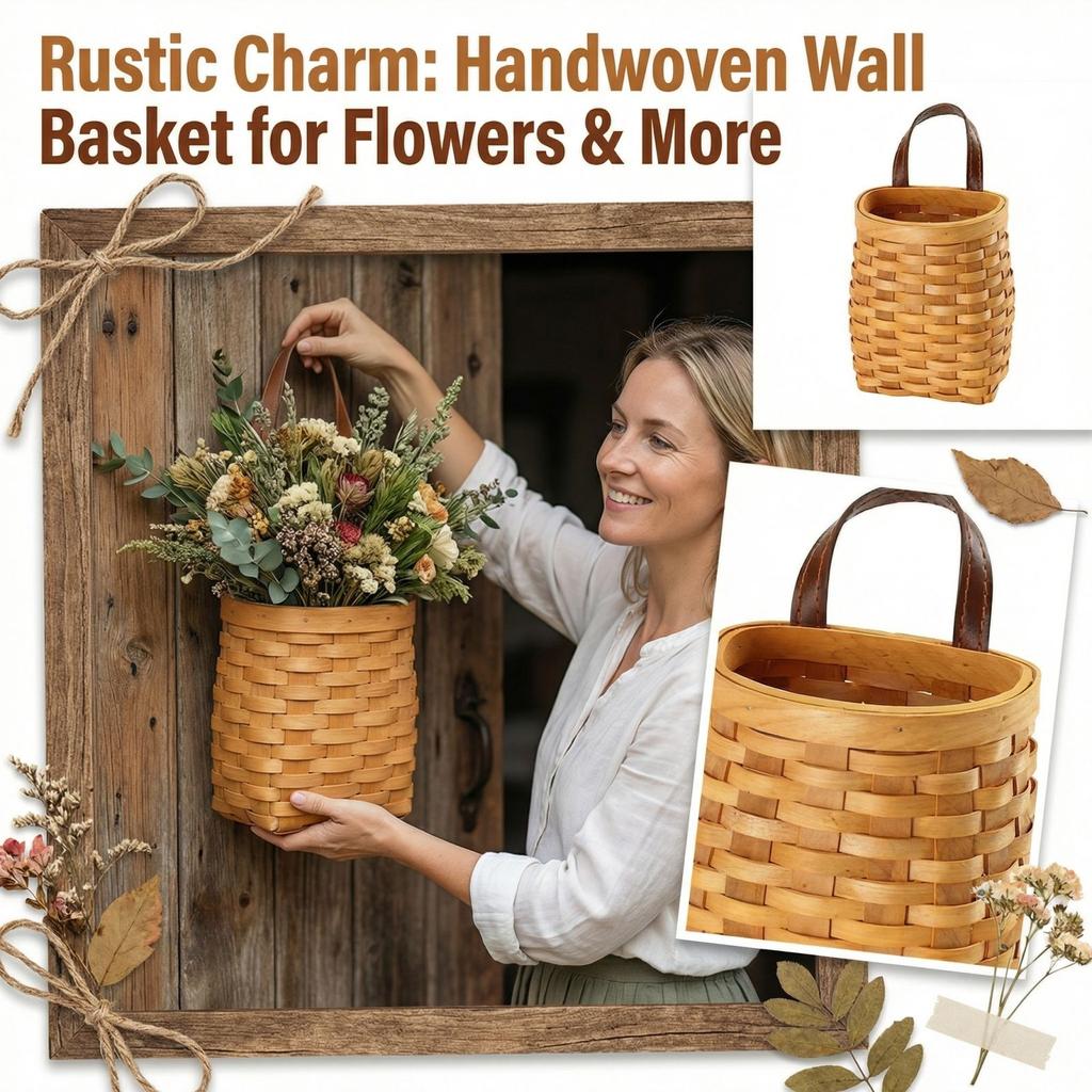 Handmade Wooden Wall-mounted Woven Storage Basket, Wall-mounted Storage Basket, Flower Holder Behind Door, Tote Basket