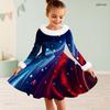 Girls High Neck Long Sleeve Printed A Line Flared Dress Red Blue White Furry Trim Bow Decor