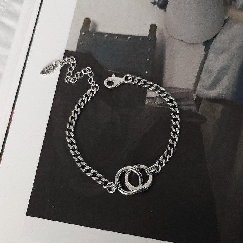 Hip Hop Jewelry Double Circle Thai Silver Color Bracelet Handmade Thick Chain Couple Bracelet For Men Women S -B413