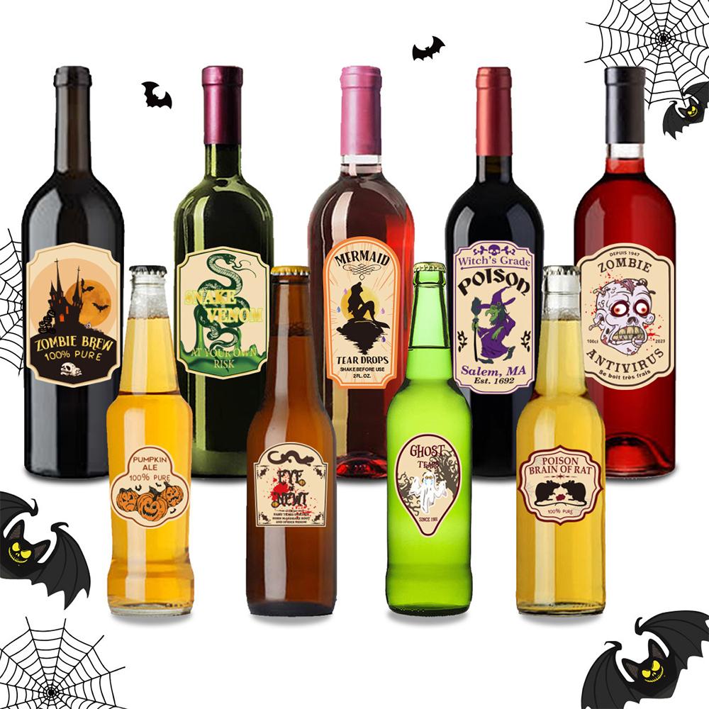 3/15sheets Halloween Bottle Paper Stickers Horror Ambiance Skull Bat Halloween Bar Party Drink Bottle Decoration Supplies