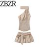 Zbzr Spring New Women Clothes Western Style French Style Fashion Sleeveless Yellow Plaid Hanging Neck Top Culottes Set