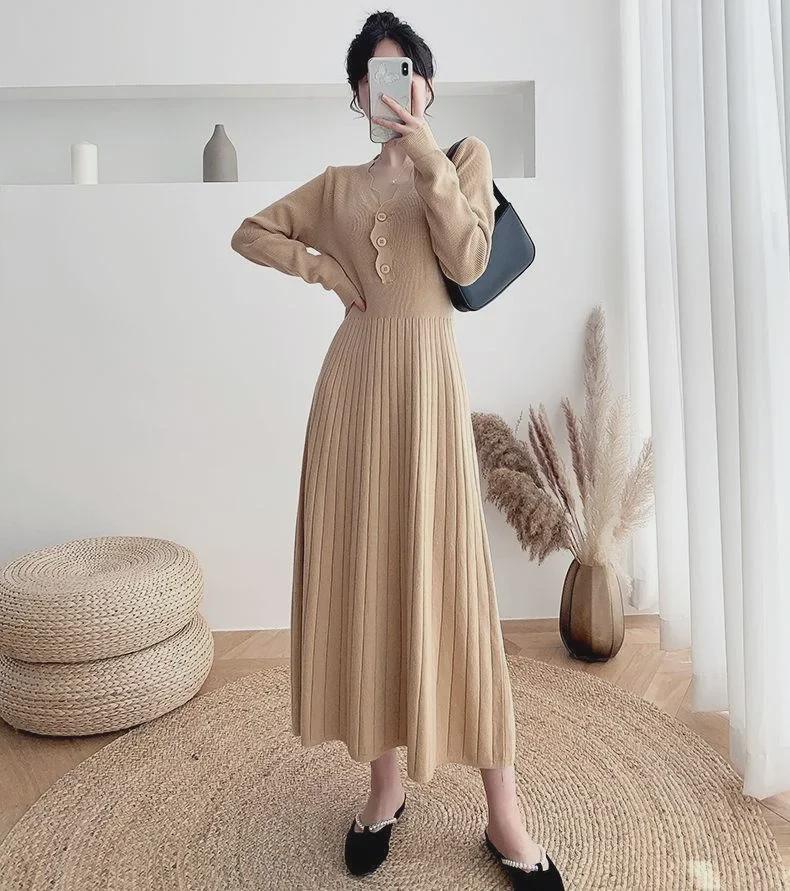 Spring & Autumn 2024 Slim Fit Knitted Midi Sweater Dress