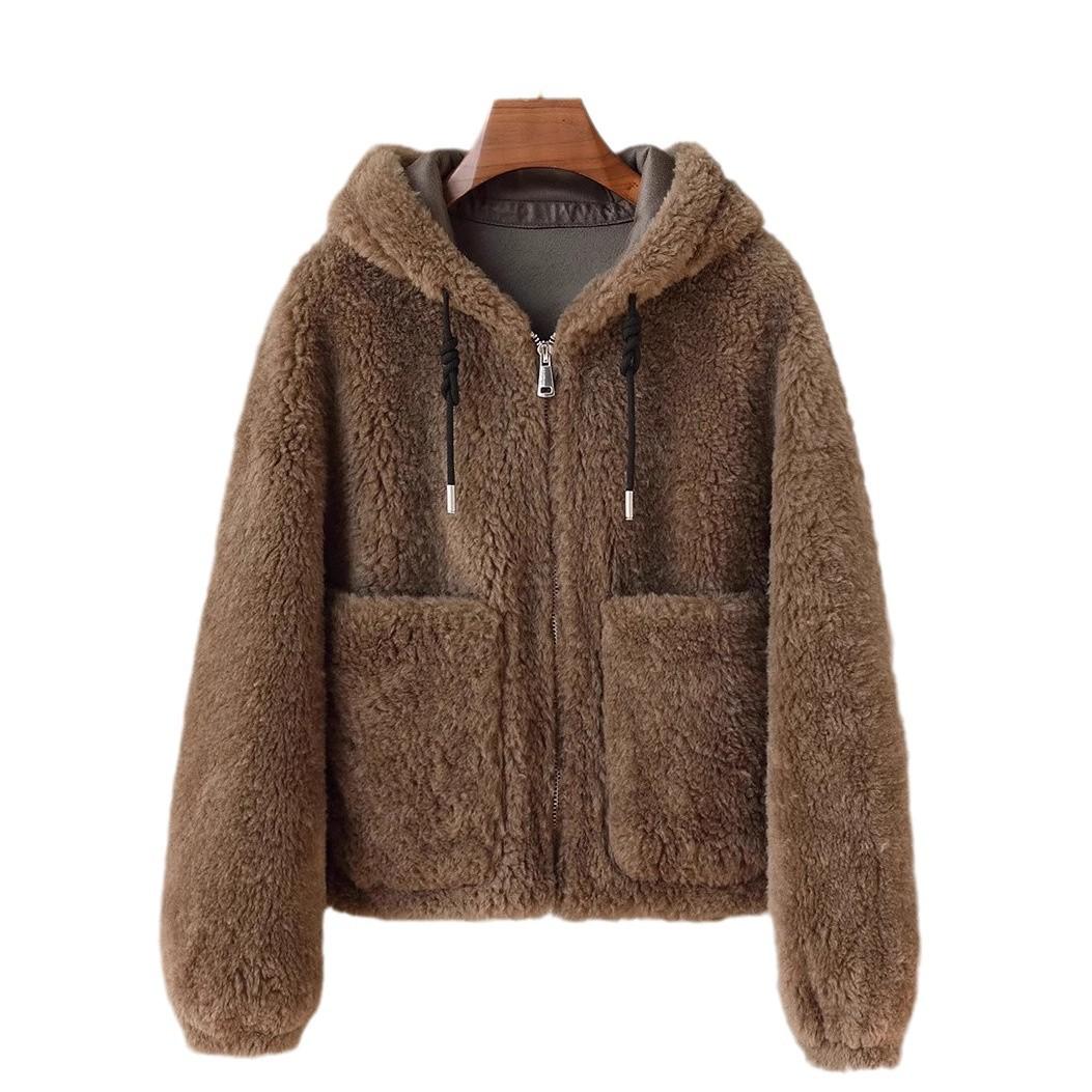 

Кашемировое пальто с капюшоном, женское короткое пальто из меха ягненка, полная шерсть M