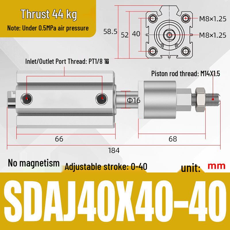 Adjustable Stroke Pneumatic Thin Cylinder - Piston Rod Sizes: 16/20/25/32/40/63