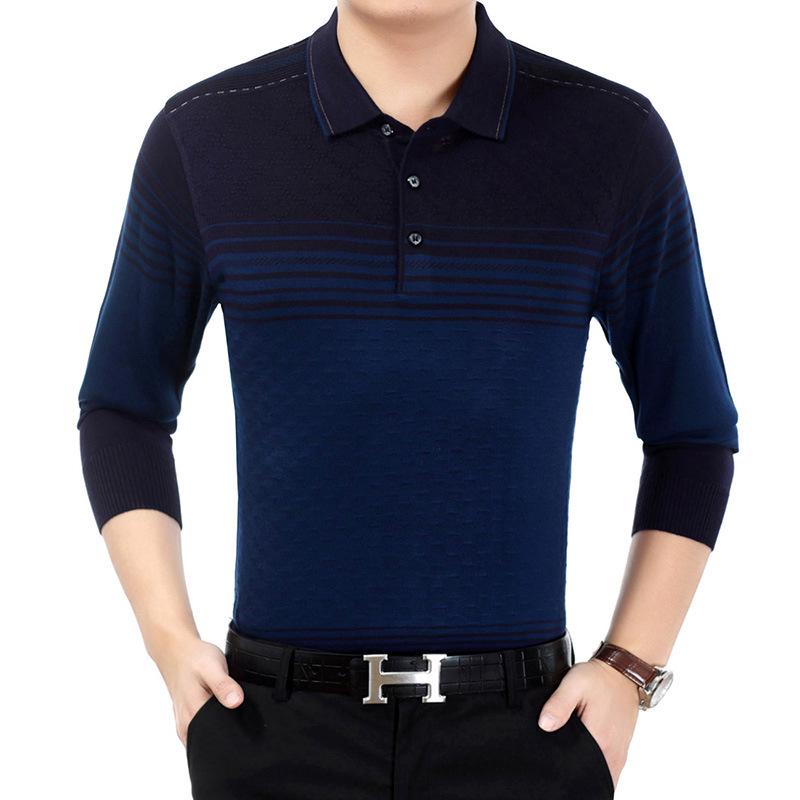 

Мужская полосатая футболка с длинным рукавом на весну 2018 года, повседневная, для мужчин среднего и пожилого возраста XL синий