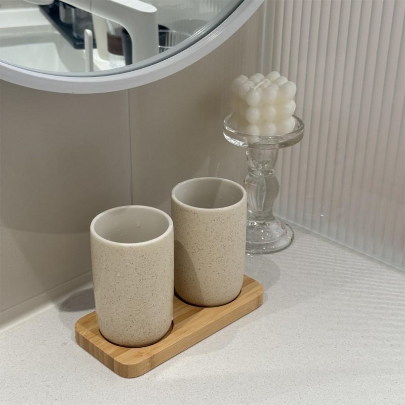 Japanese Style Ceramic Cup Set Hotel Home Bathroom - 280ml Sand Color Toothbrush Holder With Bamboo Tray