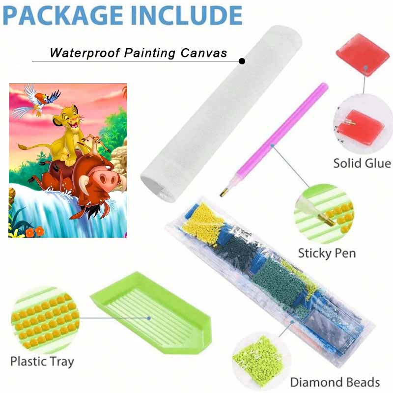 Disney diamond painting 5D round diamond full of diamonds DIY handmade stickers, home decoration paintings Lion King Simba Timon Pumbaa waterfall.