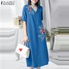 Damen V-Ausschnitt Kurzarm Casual Stickerei Langes Kleid