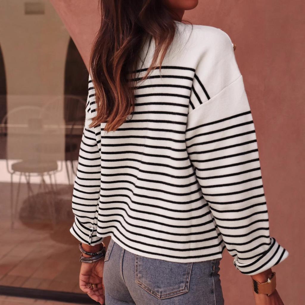 Fashion Contrasting Striped Autumn Winter Women Sweater Elegant Shoulder Button Long Sleeve Knitted Elegant Versatile Pullover