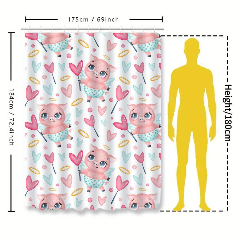 Elegant Pink Pig Print Shower Curtain Set For Bathroom Decor With Hooks Waterproof Fabric In White Pastel Colors