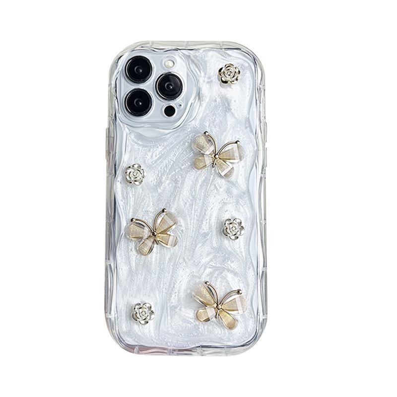 For IPhone16Promax Mobile Phone Case Fine Hole Glue for Apple 17 Flower Butterfly 14 All-inclusive Anti-fall Women's Model