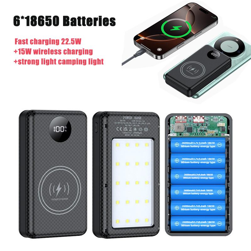 22.5W Fast Charging 15W Wireless Charging Power Bank Battery Holder With Camping lamp 6*18650 0mAh Power Bank Case DIY Shell