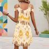 Women Plus Size V Neck Cold Shoulder Abstract Printed Short Sleeve Curved Hem Dress