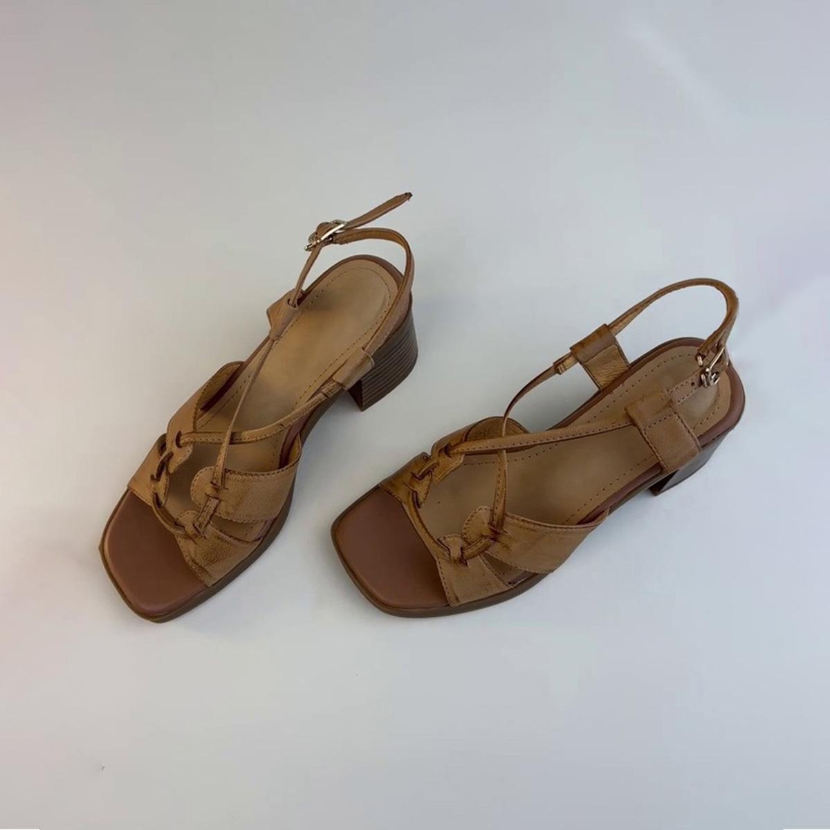 

Sheepskin version~ Spring and summer new French retro cross-strap hollow sandals women s thick heel high heels Roman shoes women s 40