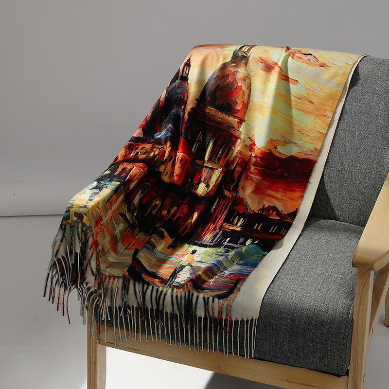 Oil Painting Cashmere Scarf For Women Warm Winter Pashmina Printed Shawl Foulard Femme Blanket Scarves Wraps