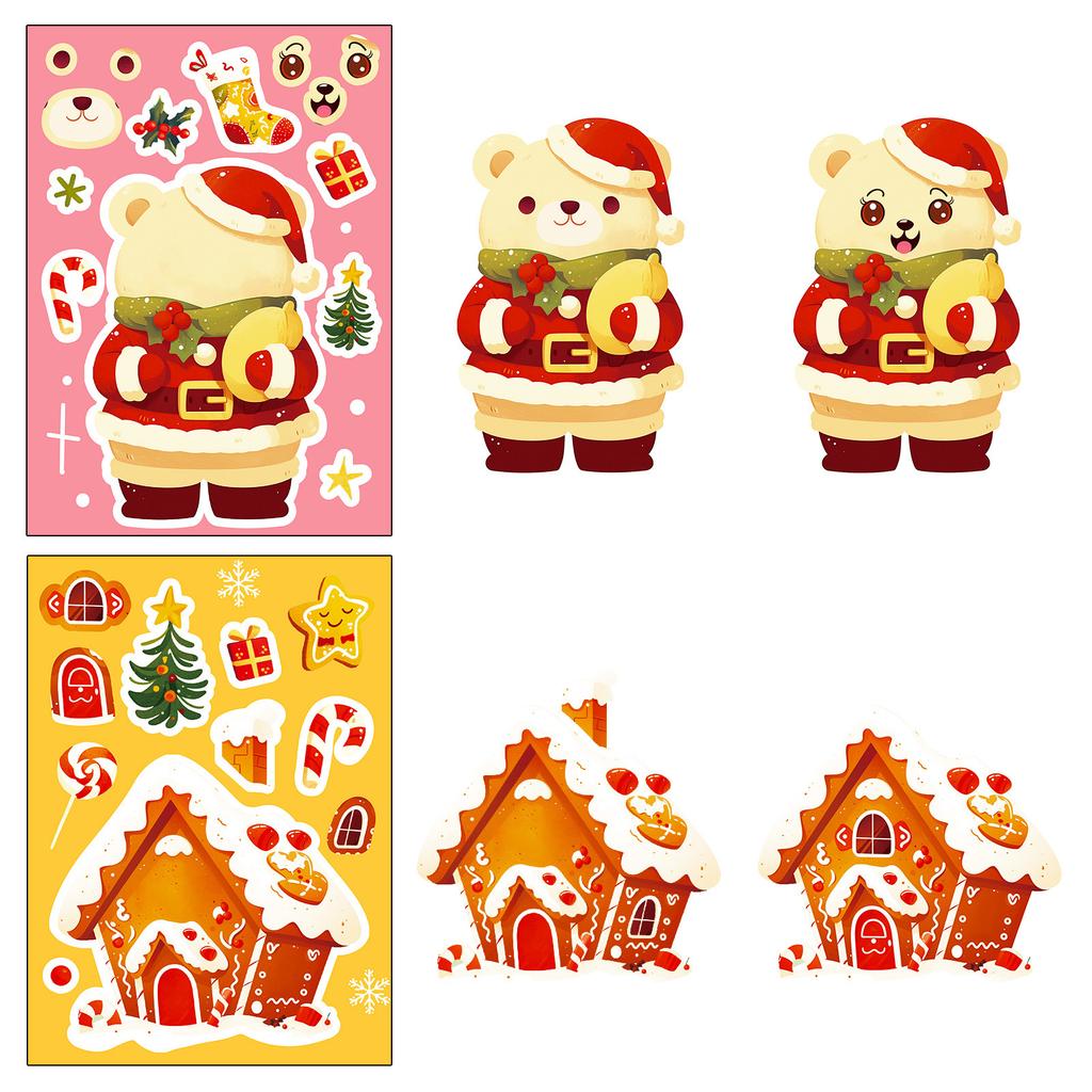 6 Christmas Cartoon Puzzles For Face Stickers, Gingerbread House Snowman Puzzle Repeated Stickers, Parent-Child Interaction Stickers