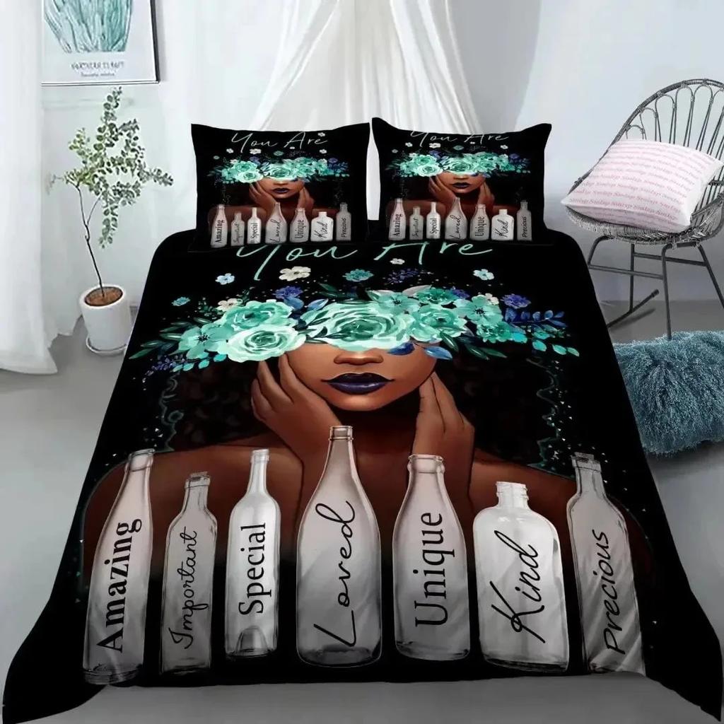 American Black Girl Duvet Cover Set,Black Girl Magic Bedding Set Full Size,Cute Little Afro Black Princess Comforter Cover Sets
