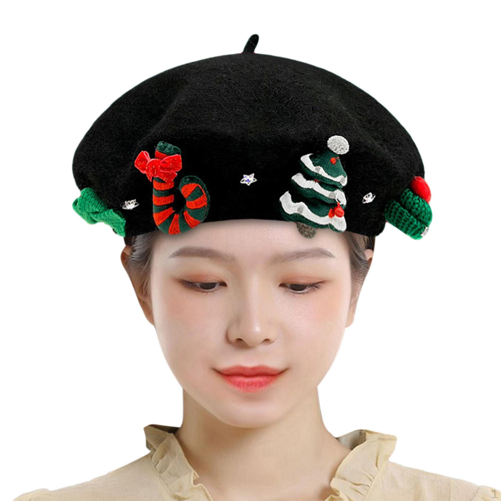 

Christmas Beret for Women French Streetwear Hat Painter Winter Holiday Year Black