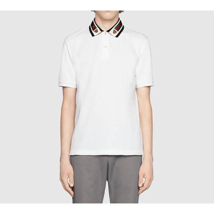 Gucci Pánské bílé bavlněné polo s proužkem a hlavou kočkovité šelmy 545714-XJAGU-9061