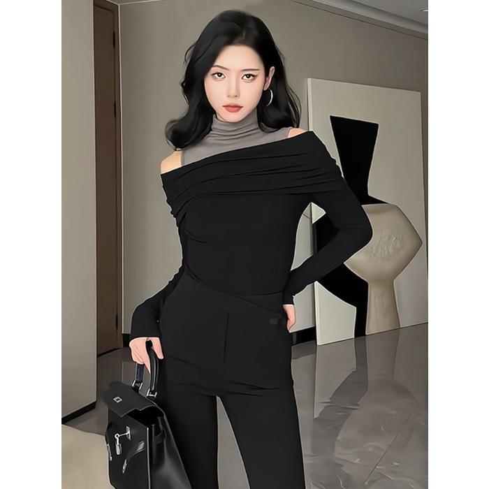 

MR [Cut at will] Spice girl contrasting colors splicing off-shoulder long-sleeved T-shirt early autumn design sense niche slim and thin M чёрный