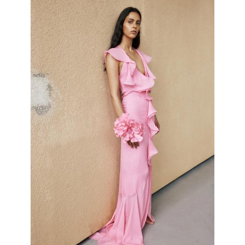 Sexy V Neck Ruffle Draped Maxi Dress Women Pink Sleeveless Flower Design Irregular Ruffles Slim Long Dress Elegant Event Prom
