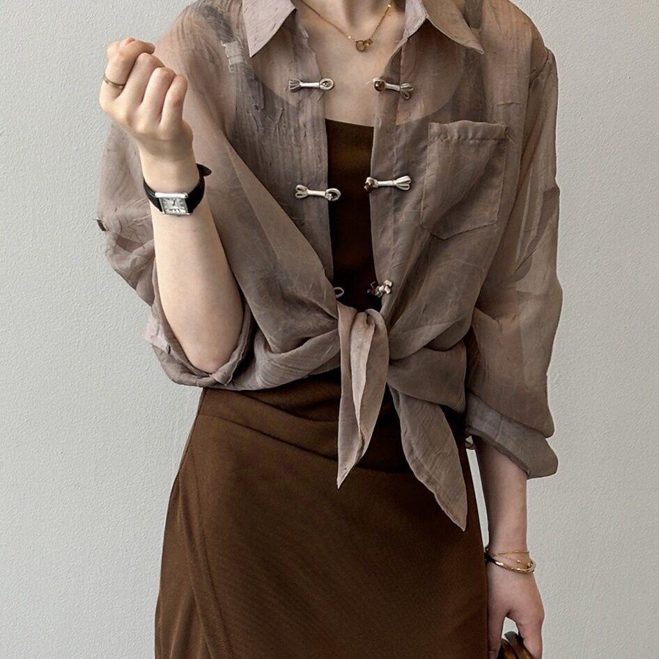 

Women s Mandarin Collar Shirt Summer Spaghetti Strap Dress Outerwear Lightweight Sun Protection Cardigan 3XL коричневий