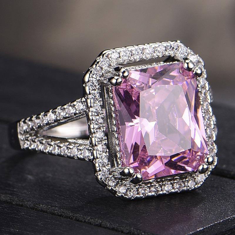 Huajie Charming Pink Square Zircon Shining Women's Rings Wedding Engagement Party Gift Ring Dazzling  Trend