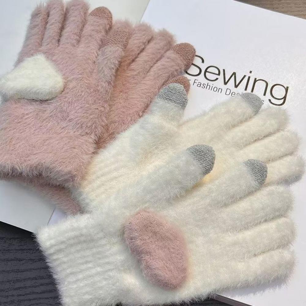 Plush warm gloves love winter plus velvet cute finger touch screen to prevent cold student girls princess style, suitable for cy