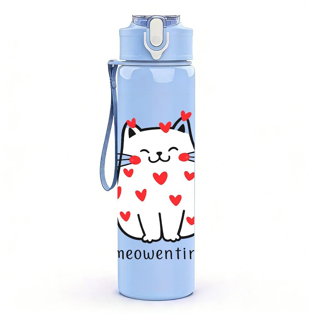 1PC Cat Full Of Red Hearts Print 750ml Color Plastic Sports Water Bottle Leakproof Flip Straw Lid Suitable for Sports Office Home Use