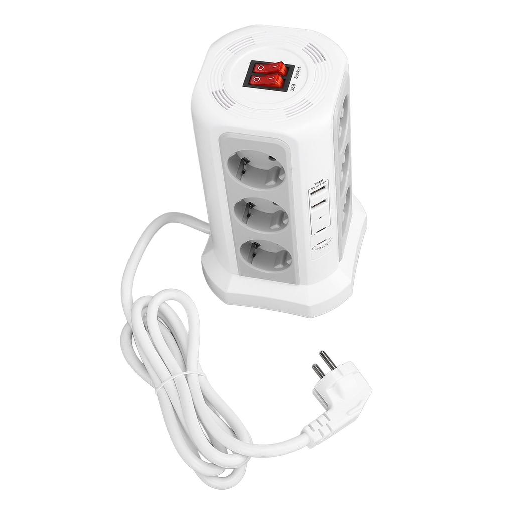 Tower Power Strip with Protector Switch Multiple Ports Vertical Space Saving Electric Tower Power