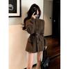 Elegant Korean-Style Waist-Cinched Tweed Top and Stand Collar Brown Knit Dress for Women, Spring 2026