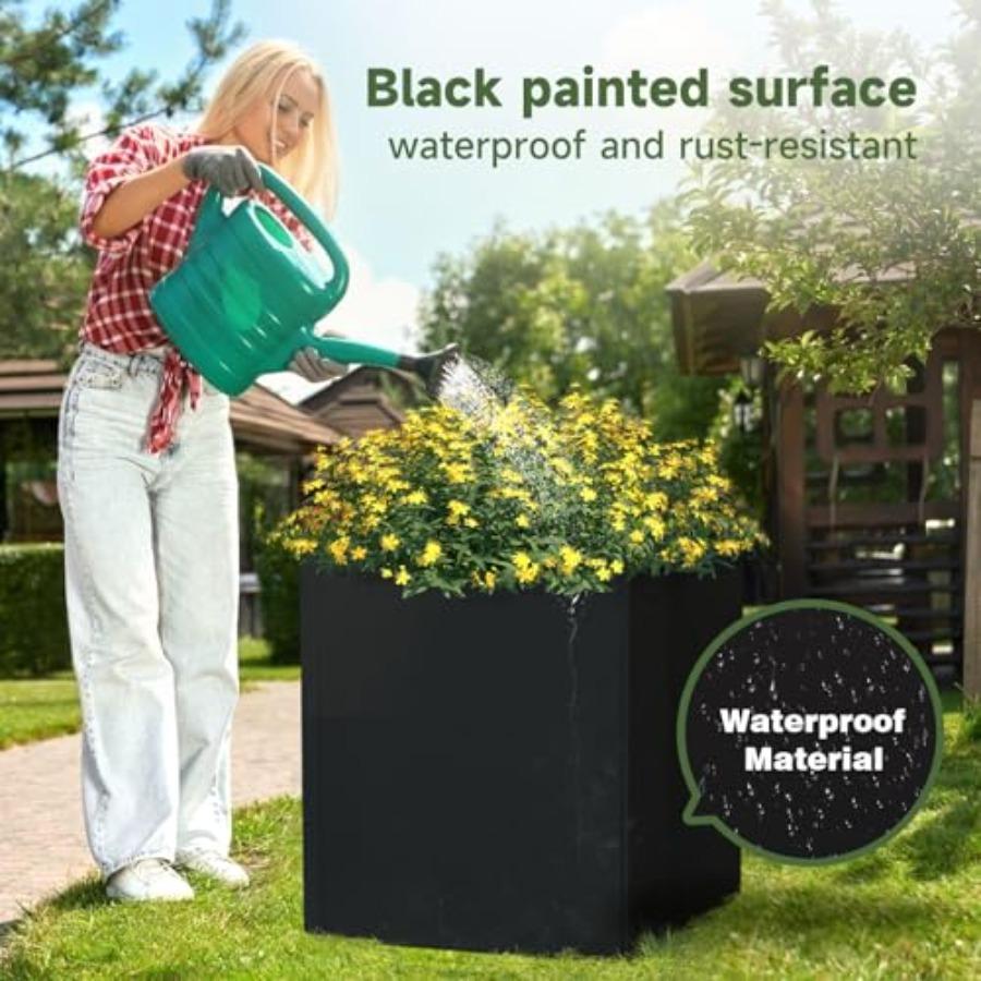 Large Square Metal Planter Box 26 L X 26 W X 26 H Heavy Duty Black Steel Outdoor Planter Pot for Patio Deck Garden Yard with Dr