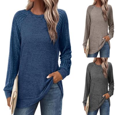 Damen Casual Fashion Bequemes Freizeit Rundhals Plissee T-Shirt Langarm Top