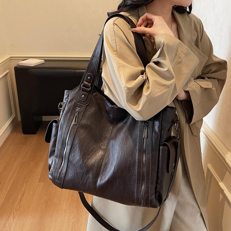 Faux Leather Tote Bag with Dual Zipper Pockets Adjustable Shoulder Strap Women's Everyday Fashion Handbag