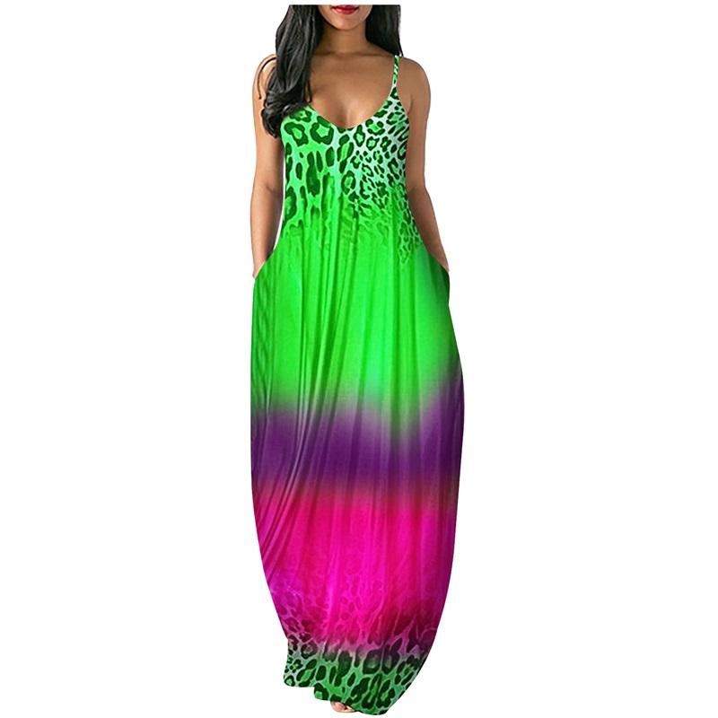 Women's Leopard Print Gradient Maxi Dress Sleeveless V Neck Casual Long Dress With Pockets