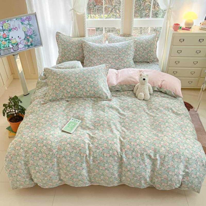 100% Cotton Bed Four-piece Set Skin-friendly Breathable Quilt Cover Bed Sheet Pillowcase Set Pastoral Small Flower