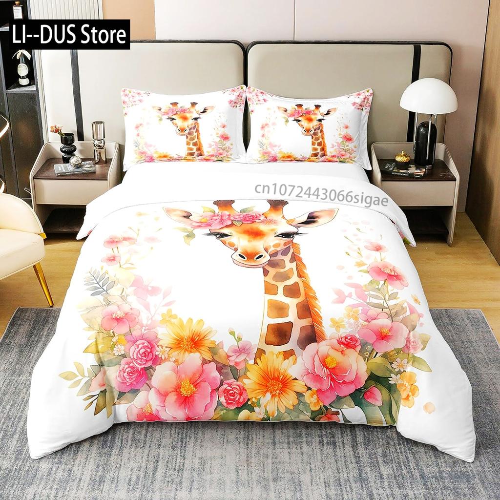 Giraffe Duvet Cover Queen,Tropical Wild Animal Comforter Cover 3pcs, Soft Bedding Set,Romantic Giraffe Bedroom Decor Quilt Cover