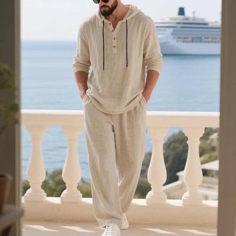2 Pcs Retro Cross-border Autumn Linen Men's Casual Suit Loose Hooded Henley Shirt Long Sleeve Pants Suit Tracksuits