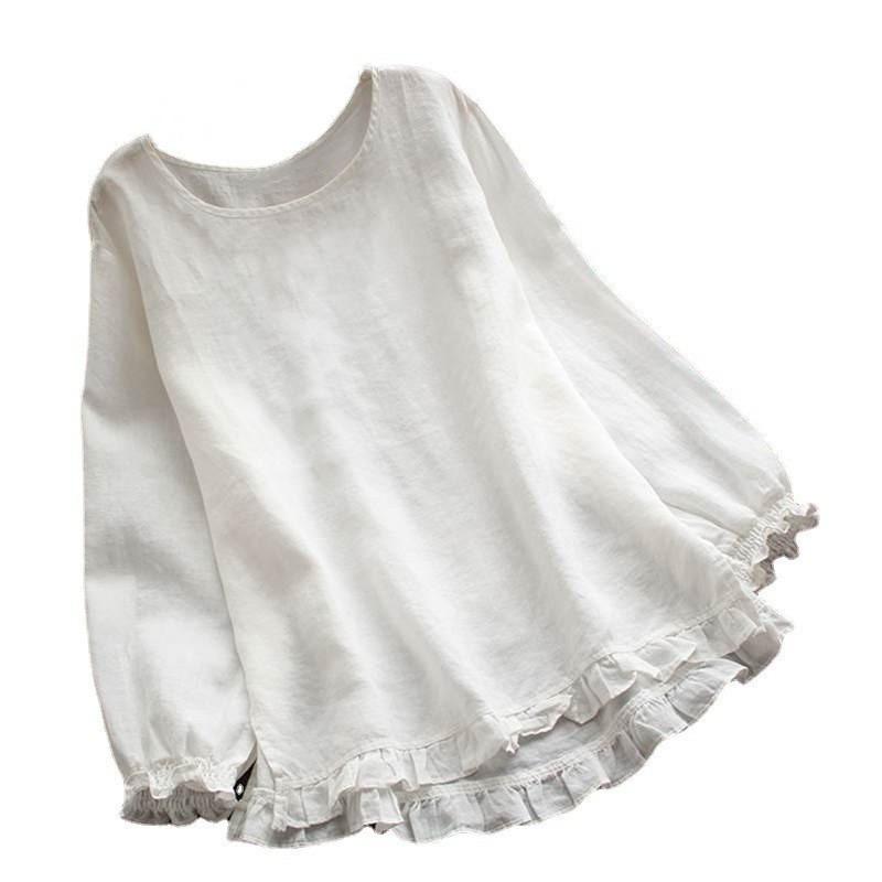 Women S Loose Fit Long Sleeve Round Neck Shirt With Ruffled Cuffs And Hem