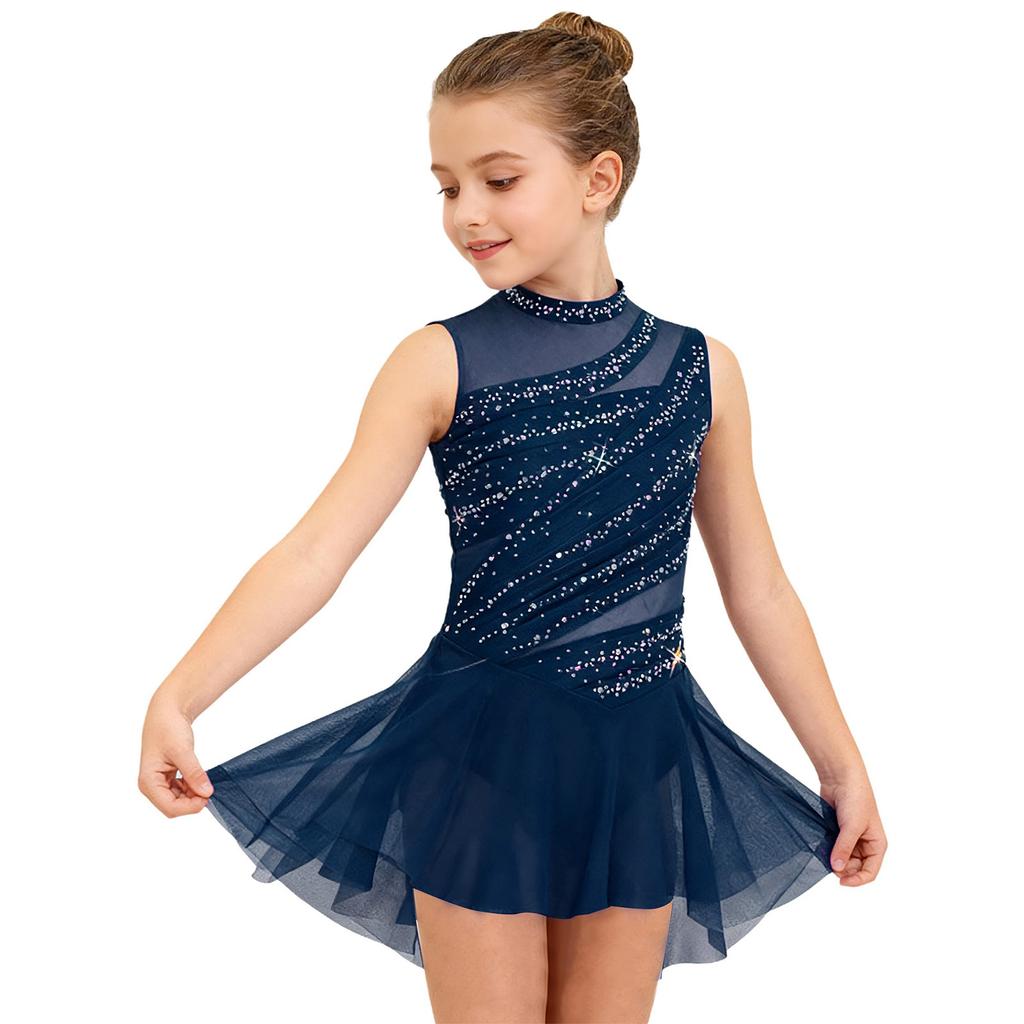 Barnklänning för dans, ärmlös, med genomskinligt nät och strass, öppen rygg, rynkad, hög-låg fåll, kostym för lyrisk uppvisning