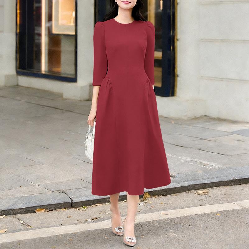 ZANZEA Women Casual Round Neck Solid Color 3/4 Sleeve Dress S