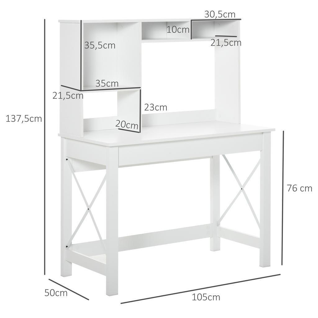 Bureau avec Rangement Bibliothèque Moderne en Bois Bureau avec Étagères et Grand Plateau pour Petits Espaces Maison Chambre à Coucher, 105 x 50 x 137,5 cm, Blanc