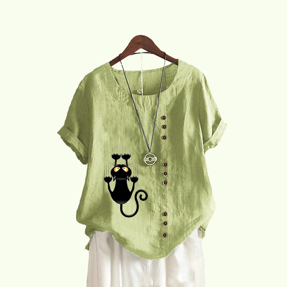 

Женская мода блузка с коротким рукавом с принтом кошки, летняя повседневная пуловер с круглым воротником, свободная хлопковая льняная футболка